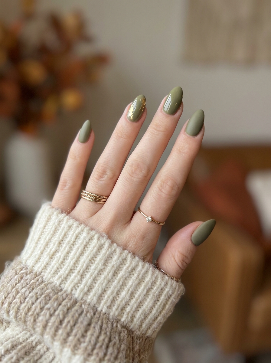 Olive Green Almond Nails als Almond Fall Nails Inspiration 2026